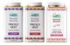 Three Snake Brand Prickly Heat Cooling Powder tins on a white background, labeled Lavender, Classic, and Super Strong.