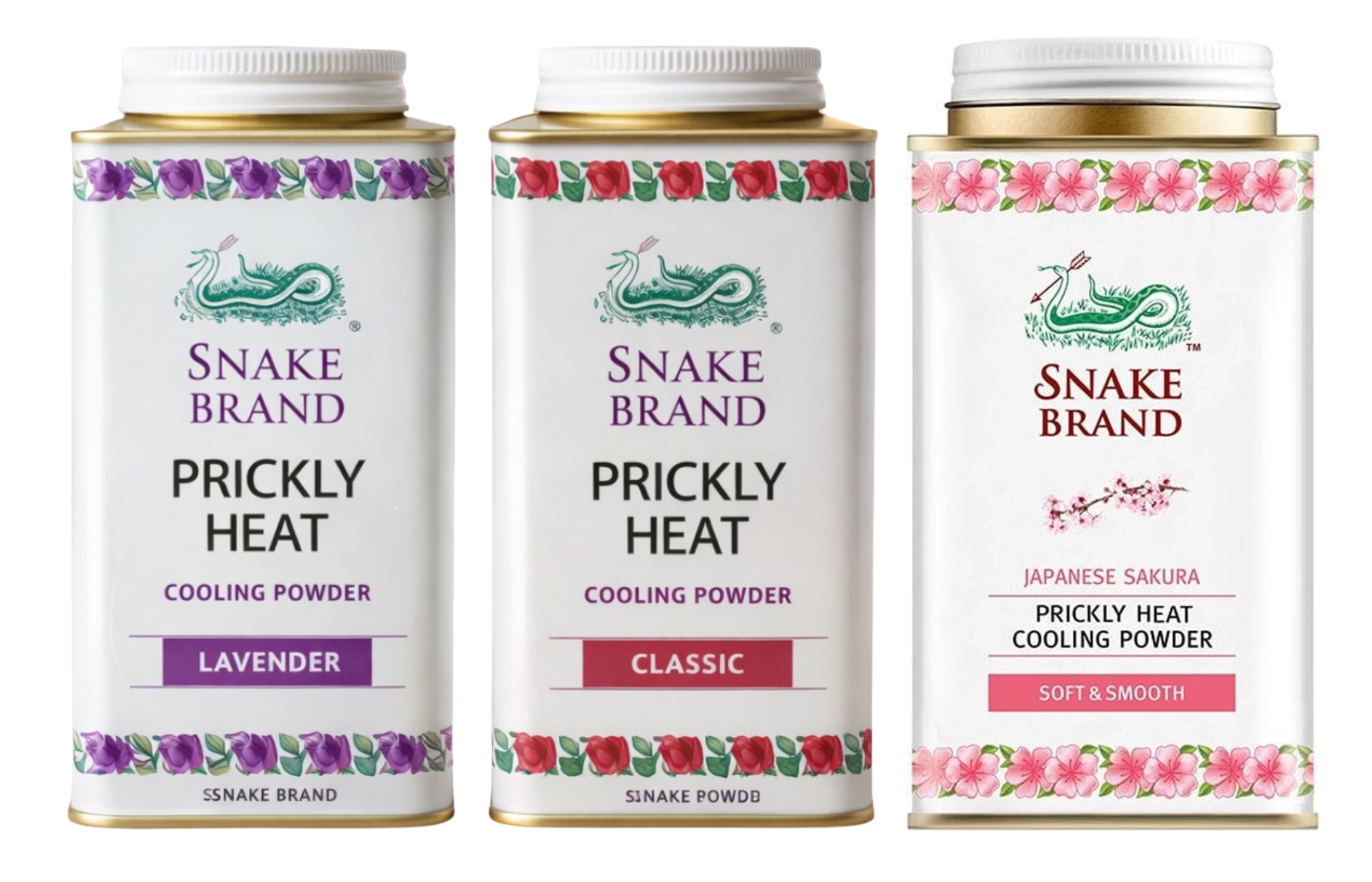 Three Snake Brand Prickly Heat Cooling Powder tins on a white background, labeled Lavender, Classic, and Super Strong.