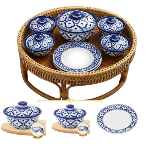 Thailändisches Blaumuster Porzellangeschirr - Traditionelle Schale & Teller / ถ้วยจานลายครามไทยโบราณ