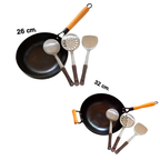 Profi-Wok-Set aus Karbonstahl inkl. 3-teiligem Edelstahl-Wok-Wender-Set (ชุดกระทะว็อกมืออาชีพ พร้อมชุดตะหลิวสแตนเลส 3 ชิ้น)