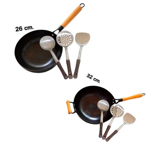 Profi-Wok-Set aus Karbonstahl inkl. 3-teiligem Edelstahl-Wok-Wender-Set (ชุดกระทะว็อกมืออาชีพ พร้อมชุดตะหลิวสแตนเลส 3 ชิ้น)