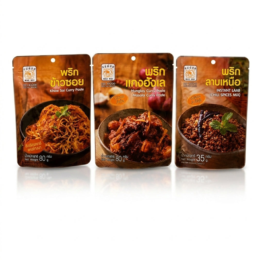 Mae Noi  Nordthailändisches Curry- & Gewürz-Set / แม่น้อย เซตพริกแกงเหนือ (พริกข้าวซอย, พริกแกงฮังเล, พริกลาบเหนือ)