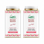 A white cylindrical metal tin of Snake Brand Japanese Sakura Prickly Heat Cooling Powder, featuring pink floral borders and a gold lid, on a plain white background.