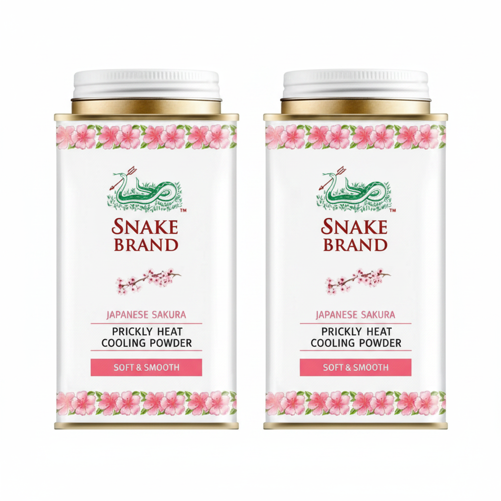 A white cylindrical metal tin of Snake Brand Japanese Sakura Prickly Heat Cooling Powder, featuring pink floral borders and a gold lid, on a plain white background.