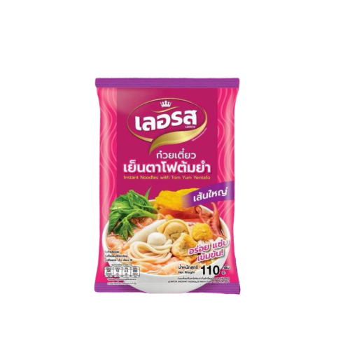 LERROS Instant-Reisnudeln mit Tom Yum Yentafo Geschmack (Breite Reisnudeln) 110g (เลอรส ก๋วยเตี๋ยวเย็นตาโฟต้มยำ เส้นใหญ่ 110g)