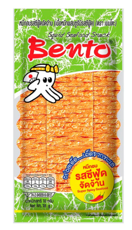 Bento - Knuspriger Tintenfisch-Snack Scharfes Seefood-Aroma (Spicy Seafood Flavour) / เบนโตะ ปลาหมึกอบ รสซีฟู้ดจัดจ้าน ขนาด 18 กรัม