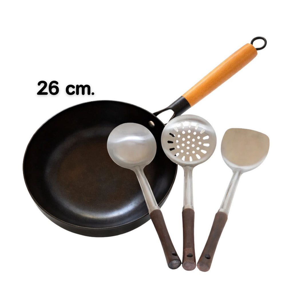 Profi-Wok-Set aus Karbonstahl inkl. 3-teiligem Edelstahl-Wok-Wender-Set (ชุดกระทะว็อกมืออาชีพ พร้อมชุดตะหลิวสแตนเลส 3 ชิ้น)