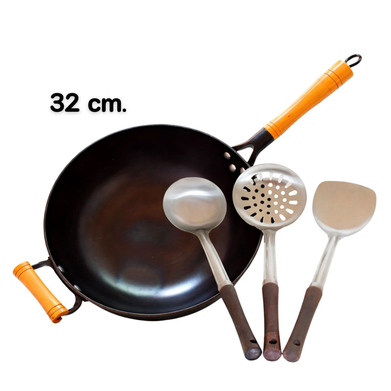Profi-Wok-Set aus Karbonstahl inkl. 3-teiligem Edelstahl-Wok-Wender-Set (ชุดกระทะว็อกมืออาชีพ พร้อมชุดตะหลิวสแตนเลส 3 ชิ้น)