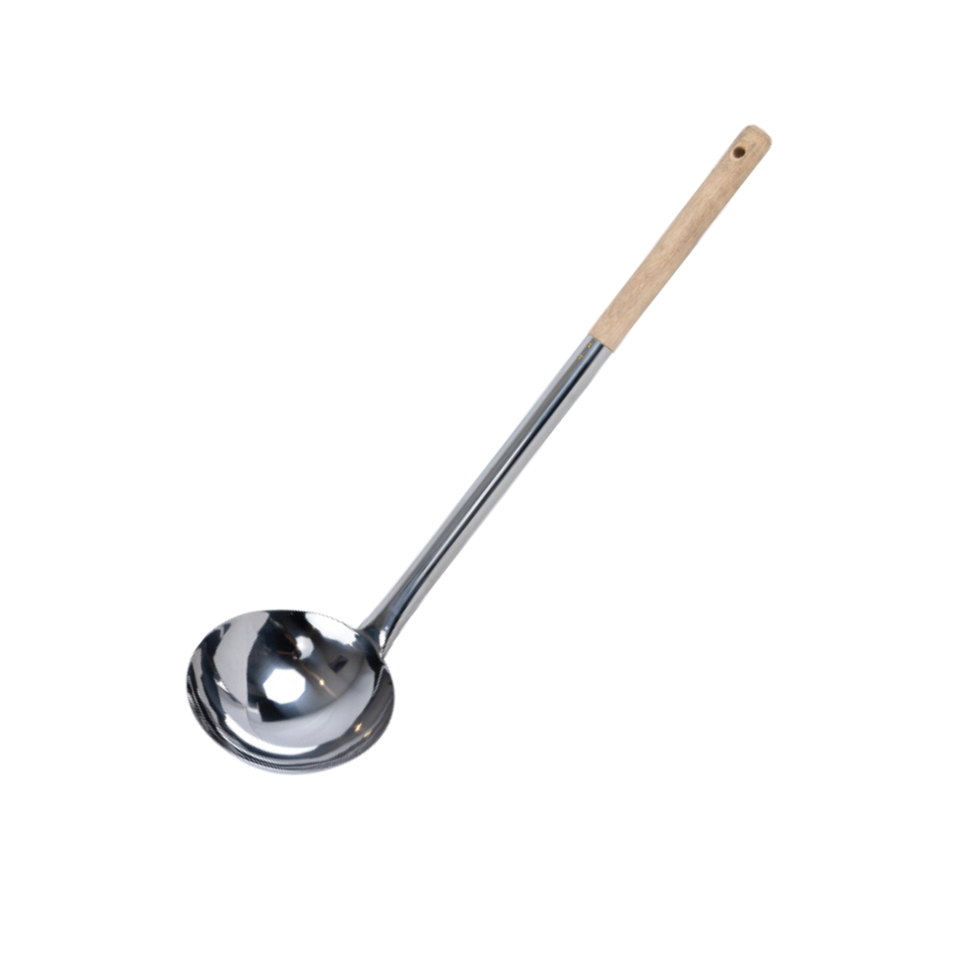 Hochwertige Edelstahl-Schöpfkelle mit ergonomischem Holzgriff  (กระบวยสแตนเลสด้ามไม้ คุณภาพสูง)